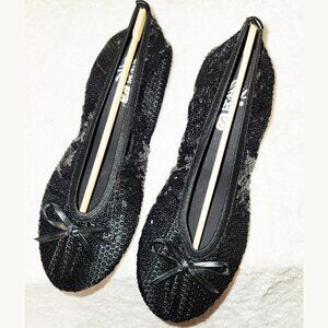 NEW SILKY TOES BLACK SEQUENCE SLIP-ON FLATS 6B & TRAVEL CASE.